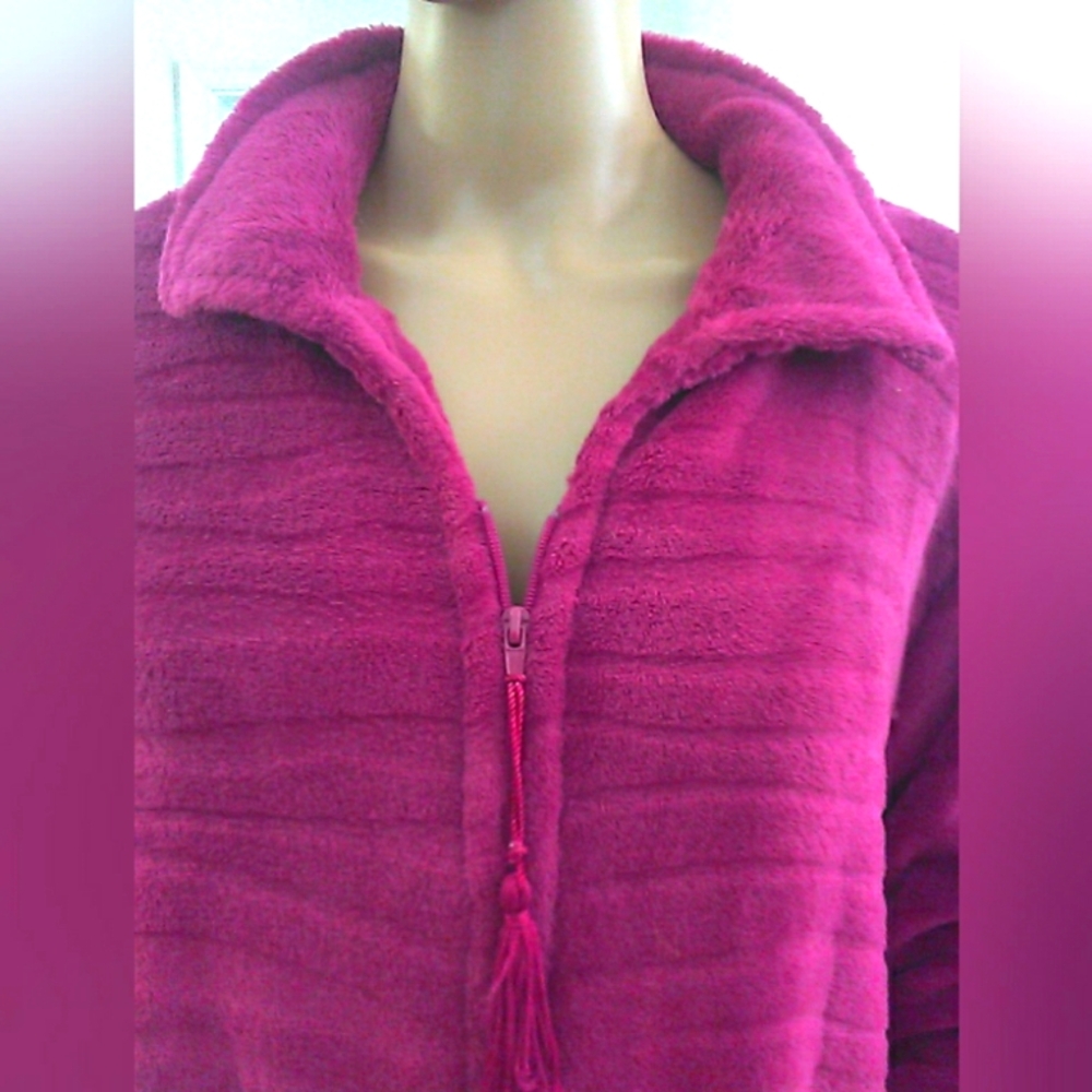 Lk. New Miss Elaine Fuchsia Plush Robe Sz XL Zip Up Luxurious SOFT Single Tassel - Picture 4 of 11